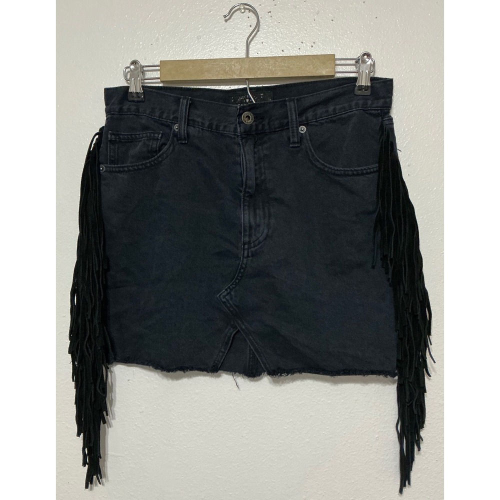 Lucky Brand Coachella Blk Denim Fringe Mini Skirt 4/27 Raw Hem Festival‎ Western